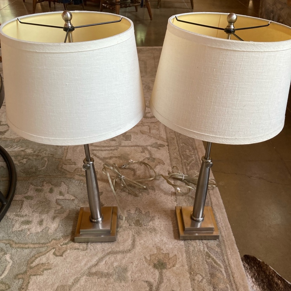 Pottery Barn Adjustable Column Lamp Set in Brushed Nickel with Linen Shades